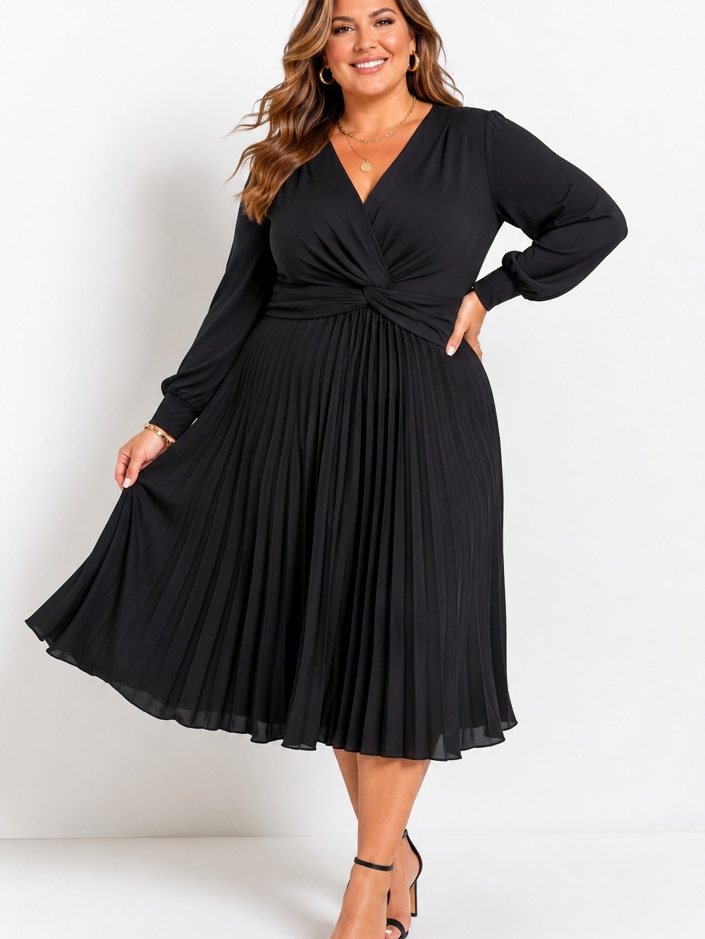 ELOQUII NWT Black Pleated Midi Dress Size 20 Faux Wrap Long Sleeve Plus Size